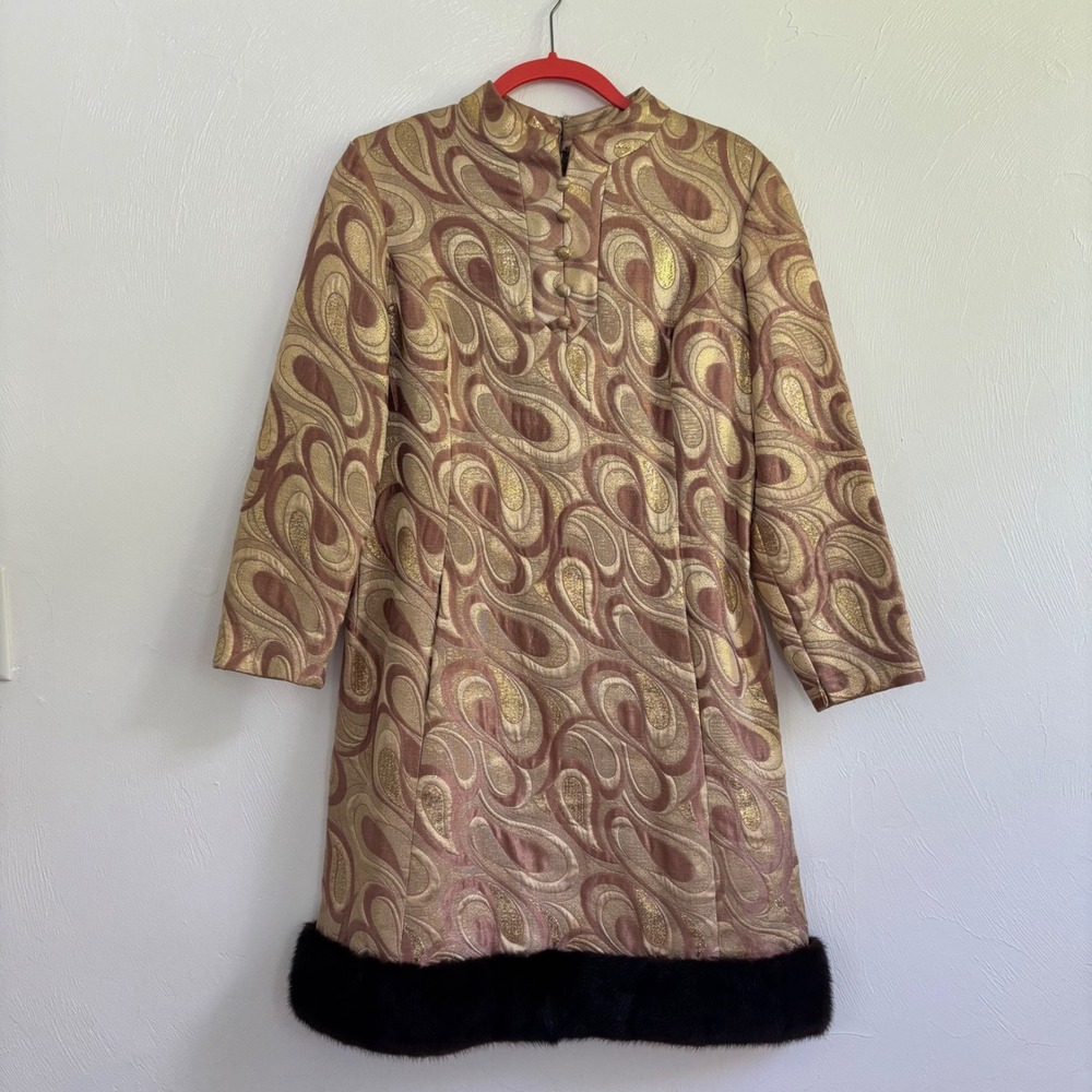 Vintage ILGWU Gold Brocade Dress Size 12 Fits Small Medium Faux Fur Trim Mod 60s